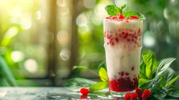 Sweet Thai red ruby dessert Tub Tim Grob in glass, featuring crunchy water chestnuts in tapioca flour and icy coconut milk, garnished with fresh raspberries. Exotic Asian dessert photo