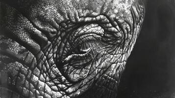 Monochrome artwork of an elephant's eye close-up. Detailed depiction of an elephant eye in grayscale. Concept of artistic wildlife portrayal, detail focus, and animal expression. photo