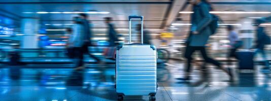 Blue suitcase standing in a busy airport terminal. Luggage, travel, airport, transportation concept. Wide banner photo