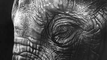 Elephant eye detailed in a black and white illustration. Close view of an elephant's eye in monochrome. Concept of wildlife detail, artistic expression, and animal features photo