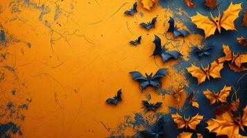 Paper cut bats and autumn leaves on colorful background. Halloween theme. Concept of holiday decor, seasonal design, festive atmosphere, creative artwork. Banner. Copy space photo