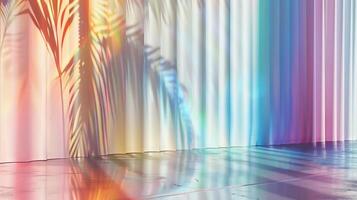 Iridescent palm leaf with vibrant spectrum of colors casting intricate shadows on colorful wall. Concept of nature, light effects. Bright wallpaper. Mockup for design. Copy space photo