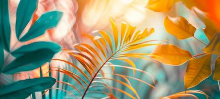 Bright summer tropical background with colorful palm leaves and bokeh effect. Trendy botanical wallpaper with soft colors. Festive mood. Summer vibes. Banner. Copy space. Mockup for design photo