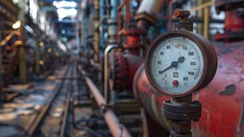Close-up of a pressure gauge in an industrial factory. Concept of manufacturing, machinery, engineering, production process photo