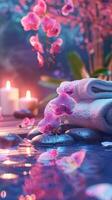 Elegant spa setting with lit candles, flowers, towels, smooth stones. Calming wellness retreat for relaxation. Concept of luxury Thai spa, self-care, indulgence. Copy space. Vertical photo