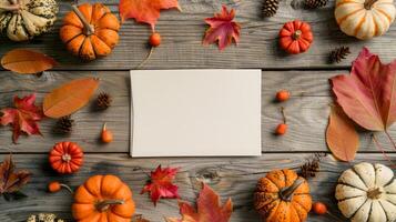 Fall-themed mockup with pumpkins and leaves. White blank card on a wooden backdrop. Concept of autumn design, harvest festival, Thanksgiving template, and seasonal layout. photo
