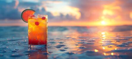 Refreshing tropical cocktail against blurred ocean background. Vibrant drink in natural setting. Concept of summer drinks, refreshing beverages, exotic cocktails, leisure. Banner. Space for text photo