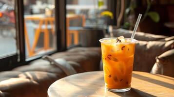 Refreshing glass of Thai iced tea with ice cubes on cafe table, set against lush garden background. Thai beverage. Concept of summer drinks, relaxation, tropical atmosphere, Asian culinary. Copy space photo