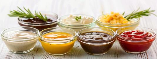 Glass bowls filled with colorful sauces on a white background. Culinary variety, food presentation, cooking, condiment concept photo