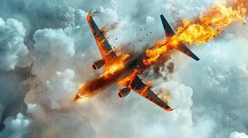 Airplane engulfed in flames descending in cloudy sky. Aircraft on fire falling through the clouds. Concept of disaster, aviation accident, emergency situation, danger photo