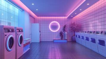 Public laundromat with neon lights and sleek washing machines. High-tech laundry facility. Concept of technology, efficiency, modern public amenities. photo