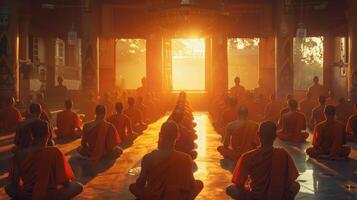 Buddhist monks in orange robes meditating in temple. Concept of spirituality, worship, Buddhist tradition, and religious practice photo