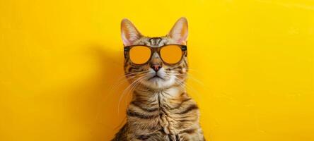 Tabby cat in sunglasses on a yellow backdrop. Cool feline with trendy eyewear. Concept of pet fashion, funny animals, summer, vacation, vibrant colors. Banner. Copy space photo