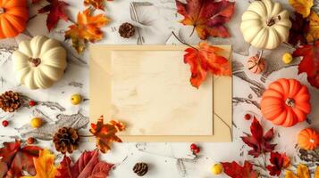 Autumn-themed frame with pumpkins and dry leaves. Fall decoration border around a textured paper. Copy space. Mockup. Concept of autumn harvest, Thanksgiving backdrop, Halloween, festive decor. photo