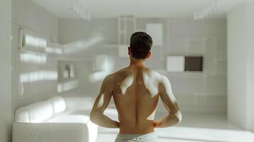 Caucasian man with muscular back in a minimalist modern living room. Concept of fitness, relaxation, interior design, healthy lifestyle photo