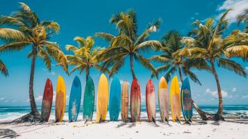 vistoso tablas de surf en pie vertical en un arenoso playa con palma arboles vibrante tablas de surf en un fila en un tropical costa. concepto de surf, tropical vacaciones, playa equipo, verano divertido foto