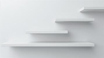 Modern minimalist white wall shelves design. Concept of interior decoration, home organization, clean and simple aesthetic. Copy space. Mockup. Empty Shelves on a White Wall photo