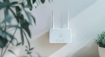 Wireless internet router with antennas on a white wall. Modern technology device for connectivity. Concept of internet access, home networking, wireless communication, minimalist design photo