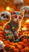 Kitten with Day of the Dead face paint among marigold flowers. Small cat with Dia de los Muertos makeup in floral setting. Concept of cultural celebration, festive cats, colorful traditions. Vertical photo