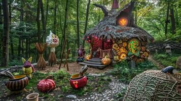 Whimsical Halloween-themed park playground with a fairy-tale witchs hut. Enchanted play area decorated with pumpkins and spooky decorations. Fantasy playground, Halloween decor, festive park concept photo