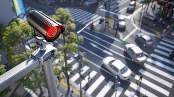 Surveillance camera overlooking a busy urban intersection. Security concept. Traffic monitoring, urban safety, public surveillance, modern technology photo