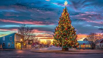 Festive Christmas tree illuminated with colorful lights in a small town square at sunset. Concept of holiday decorations, festive atmosphere, community celebration, winter season photo