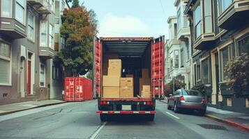Open moving truck on an urban street with cardboard boxes inside. City relocation, moving day, urban transition, residential moving concept photo