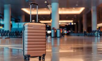 Suitcase in modern airport terminal. Travel luggage, journey preparation, vacation, transportation concept photo