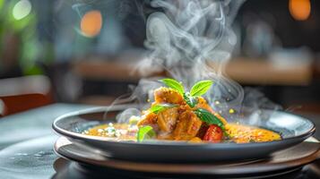 Thai red curry with duck served in a bowl, garnished with basil and bell peppers. Spicy national Thai dish. Concept of Asian cuisine, culinary photo