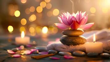 Zen stones with a pink lotus and lit candles in a meditative setting. Concept of spa, tranquility, and spiritual healing. Banner. Copy space photo
