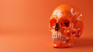 Orange skull in a vibrant background. Concept of anatomy, human bone structure, medical study, vibrant art, Halloween Decor, Day of the Dead. Copy space photo