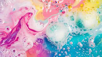 Colorful bath bomb dissolving in water, releasing vibrant dyes. Vivid bath bomb fizzing, surrounded by bubbles. Concept of relaxation, spa treatment, vibrant colors, and bathing enjoyment. photo