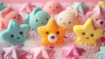 Playful and colorful collection of children's bath bombs shaped like cute animals and stars, floating in water with bubbles. Concept of fun, kids hygiene, bath time, and cheerful bath products. photo