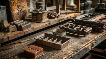 Vintage soap molds and cutters displayed on an old wooden table. Rustic collection of antique soap-making tools. Concept of traditional craftsmanship, historical soap production, and vintage workshops photo