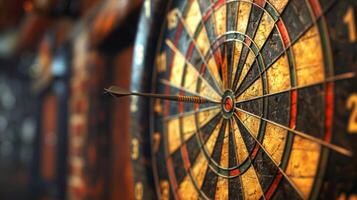 Dartboard with orange dart hitting the bullseye. Concept of target, precision, accuracy, focus, competition photo
