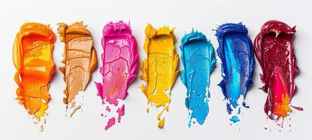 Colorful palette of acrylic paint strokes on white background. Assorted vibrant swatches. Concept of creativity, color, art techniques, and design. Colorful paint stains isolated on white background photo