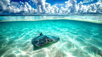 Stingray swimming in shallow turquoise waters under a cloudy sky. Stingray in a serene sea. Concept of marine life, tranquility in nature, and underwater photo
