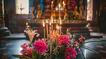 Merit-making items on a Thai temple altar. A traditional offering setup with candles and incense. Concept of Buddhist traditions, cultural rites, Visakha Bucha celebrations, and religious devotion. photo