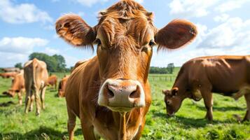 Close-up of a brown cow in a sunny pasture. Group of cows grazing in a rural landscape. Concept of agriculture, livestock farming, bovine, countryside photo