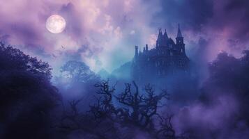 Mysterious large house at twilight surrounded by fog. Concept of haunted mansion, spooky atmosphere, eerie twilight, mysterious architecture, Halloween photo