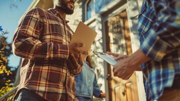 African American man receiving a package at home. Delivery interaction outside a house. Concept of home delivery, personal service, and neighborhood interaction. photo