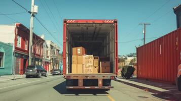 Open moving truck on an urban street with cardboard boxes inside. City relocation, moving day, urban transition, residential moving concept photo