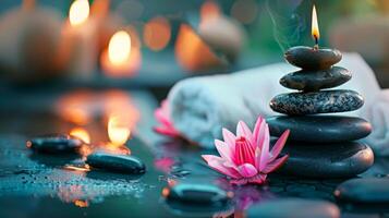 Serene setup of zen stones, lotus flower, and candles, creating a peaceful meditation space. Concept of tranquility, spiritual wellness. Copy space photo