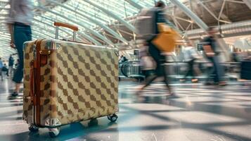 Brown suitcase in modern airport terminal. Luggage, travel, journey, transportation concept photo