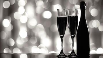 Champagne flutes with sparkling wine on a dark festive background. Elegant celebration setting. Concept of luxury, celebration, and New Year's Eve, Christmas. Copy space. Black and white. photo