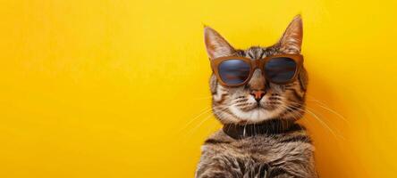 Tabby cat in sunglasses on a yellow background. Cool feline with trendy eyewear. Concept of pet fashion, funny animals, summer, vacation, vibrant colors. Banner. Space for text photo