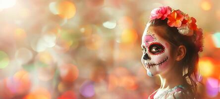Girl with festive sugar skull face paint on bokeh background. Child with artistic Dia de los Muertos makeup. Concept of Mexican culture, Halloween celebration, and vibrant tradition. Copy space photo