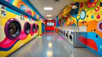 Brightly decorated laundromat featuring colorful murals and state-of-the-art washers. Cheerful laundromat design. Concept of public laundry services, artistic decoration photo