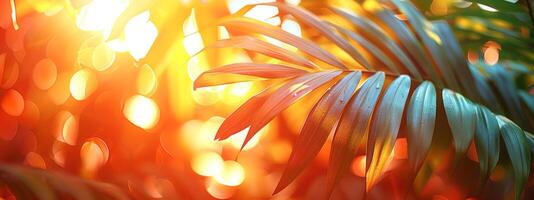 Bright summer tropical backdrop with colorful palm leaves and bokeh effects. Trendy botanical wallpaper with blue, pink, yellow colors. Festive mood. Wide banner. Copy space. Mockup for design photo