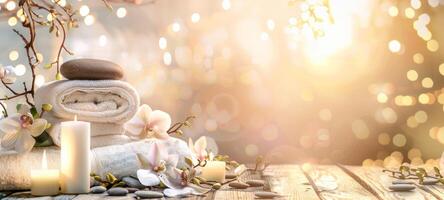 Opulent spa environment with orchids, towels, and candles. Luxurious and relaxing setting. Concept of wellness luxury, calming design, and elegant atmosphere. Banner. Copy space photo